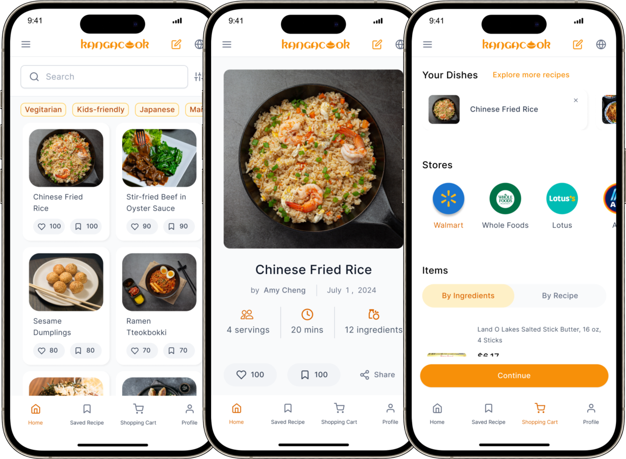 KangaCook app 畫面，包含食譜瀏覽、食譜詳情與購物清單